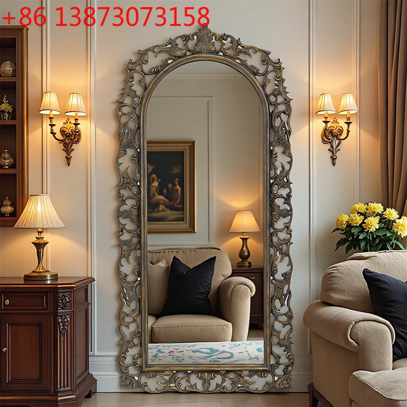

French classical brown floor-to-ceiling full-body mirror American retro full-length mirror cloakroom fitting mirror