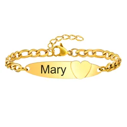 Free Engraving Heart shape Bracelet for Baby,Child's Custom Name Date Bracelet, Gold Color Stainless Steel Bracelets As Gifts