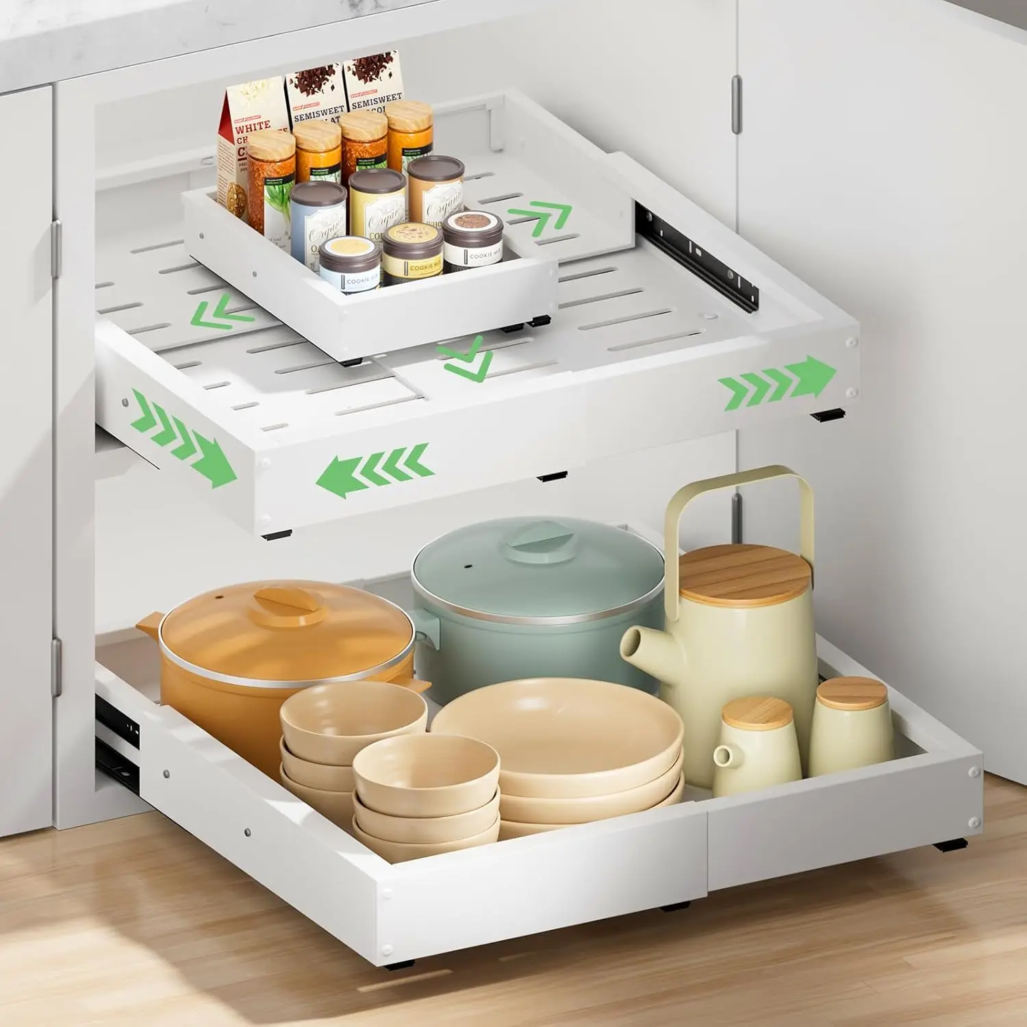 

2 Pack Pull out Cabinet Organizer, Width (12"-19") Depth (17"-23"), with 3 Rails Adjustable Slide, Expandable Pullout Dr