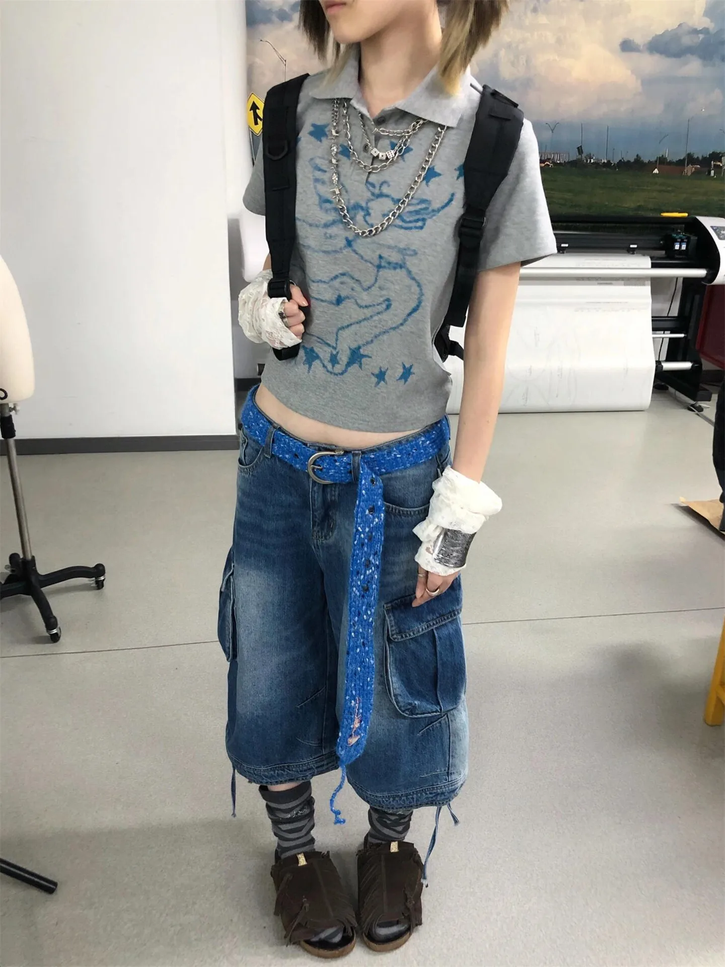 Deep Blue Low Waist Sexy Girl Seven-Foot Denim Shorts Women Summer Loose Slimming Versatile Multi-Pocket Workwear Mid-Pants