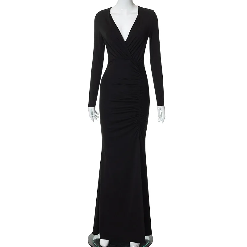 

Модное сексуальное однотонное длинное платье с v-образным вырезом, плиссированная облегающая юбка с запахом, цельная женская одежда из материкового Китая