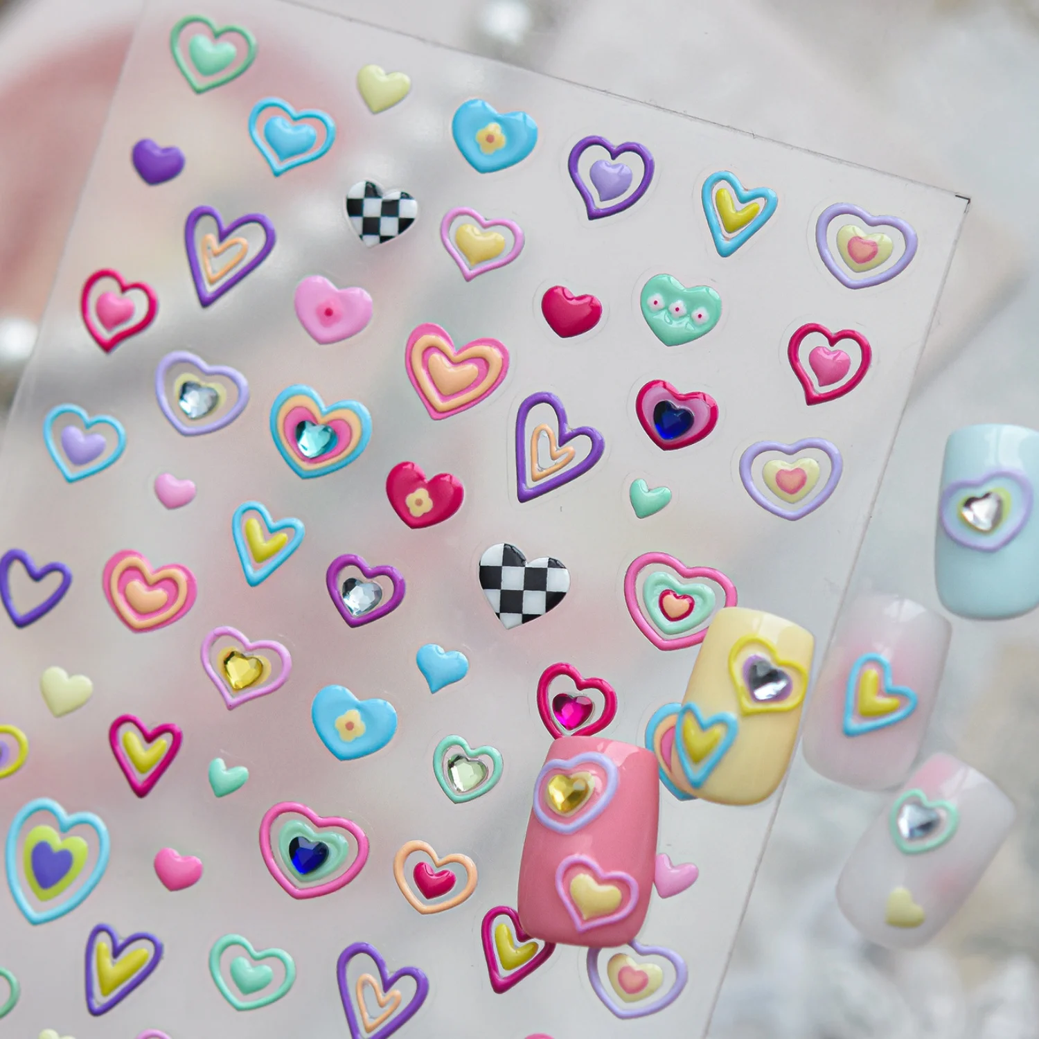 Gradient Checker Nail Art Sticker 5D Macaron Heart Bubble Love Heart Y2K Self Adhesive Decals for Sweet Girl Women Manicure DIY