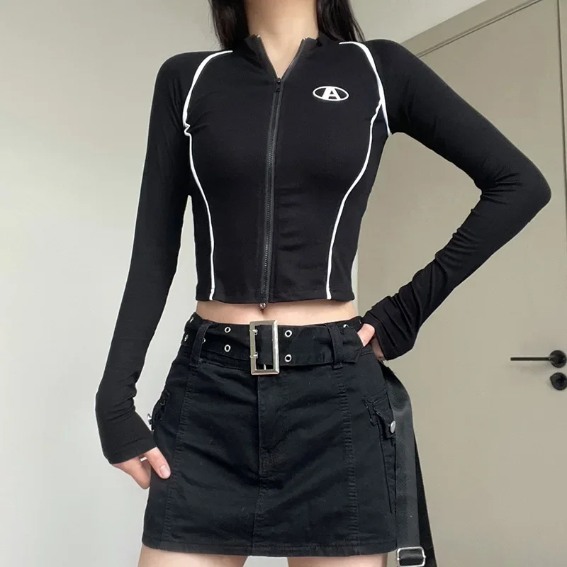 Punk Style Long Sleeve T-shirt Cardigan Harajuku Basic Streetwear y2k Slim Stitched Zip Up Crop TopWomen's T Shirt 2023