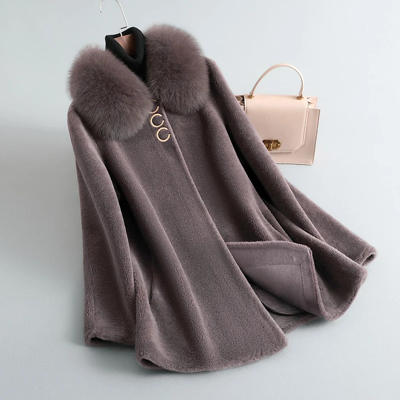 

Granulated sheep fleece coat for female mother, medium to long winter coat, fur collar, fur integrated, middle-aged and