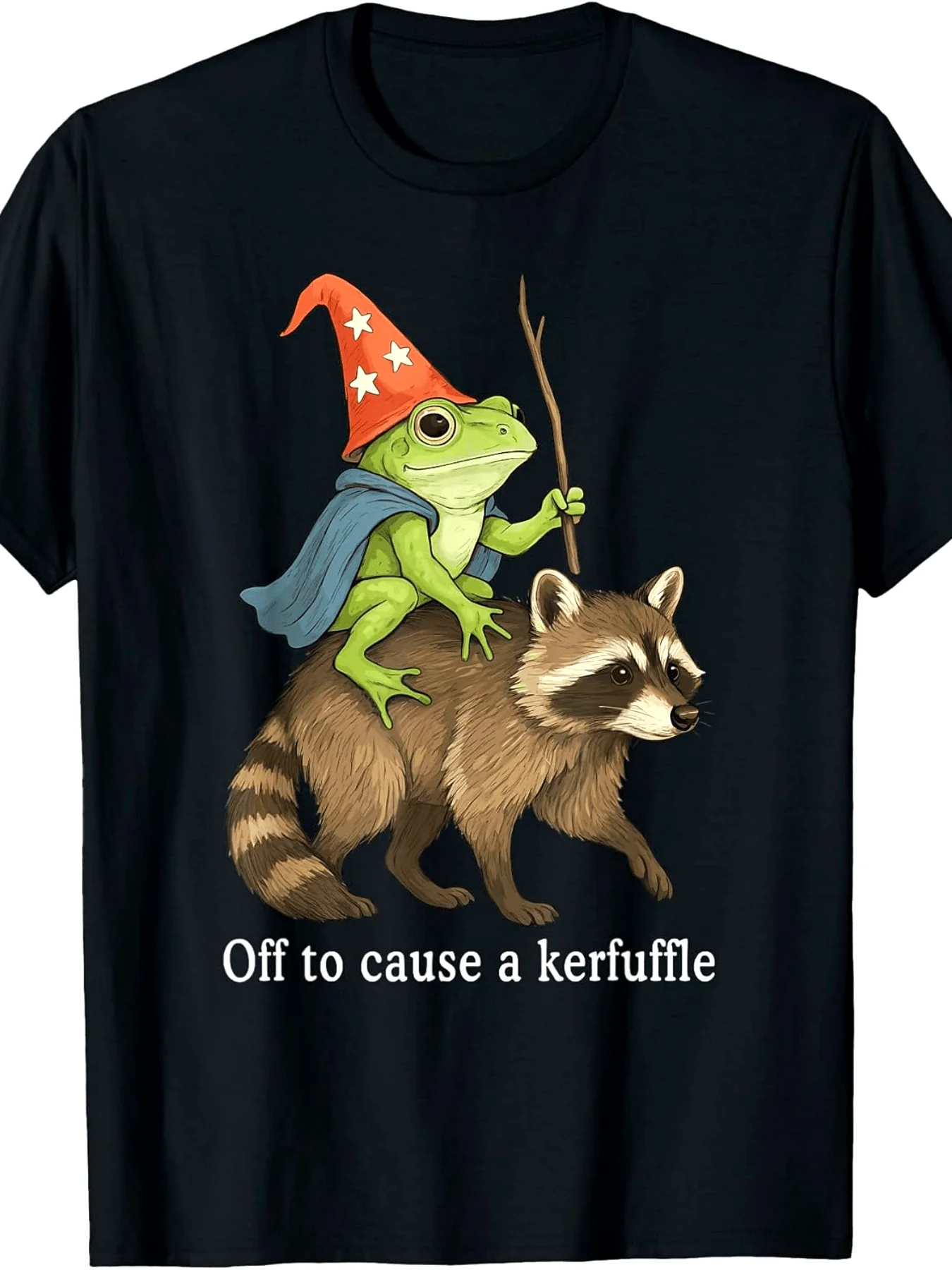 Fantasy Frog Wizard Riding Raccoon Causing Chaos T-Shirt Fashionable Premium T-Shirt Casual Wear Printed Round Neck T-Shirt Gift