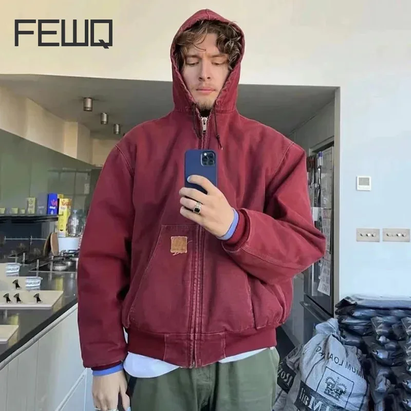 FEWQ Cotton Jacket Workwear Hooded Canvas Long Sleeves 2024 Solid Color Long Sleeve Casual Male Tops Korea Fashion 24E5378