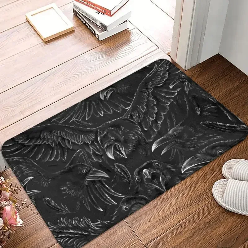 Raven Rage Door Floor Kitchen Bath Mat Anti-Slip Indoor Halloween Witch Gothic Scary Crow Doormat Garden Entrance Carpet Rug