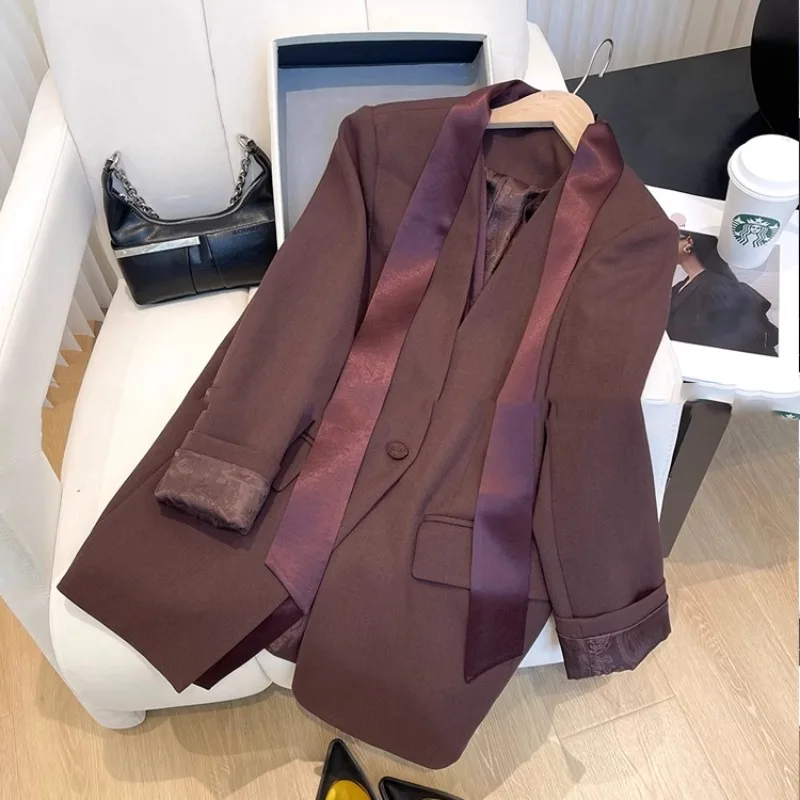 

SuperAen Women Spring and Autumn New Fashion Loose Suits Long-sleeved Design Jacquard Lining Notched Casual Blazer