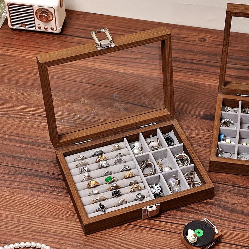 Modern Minimalist Black Walnut Patterned Jewelry Box with Lid Dustproof Storage Organizer for Earrings Rings Bracelets Necklaces