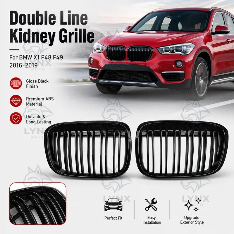For BMW X1 F48 F49 Double Line Gloss Black Kidney Grille 2016-2019 X1 Specific Radiator Grille Modified Upgrade