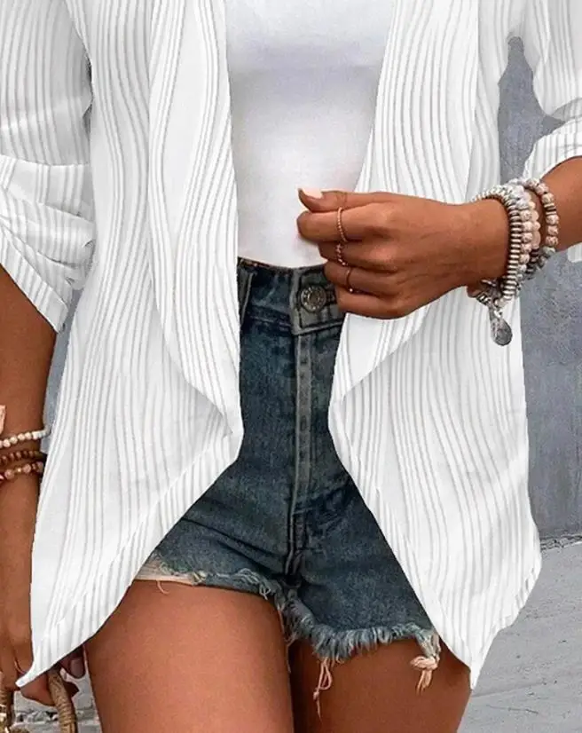 100pcs in stock women's long sleeved casual style rolled up sleeve open front button textured jacket (shipped within 48 hours)