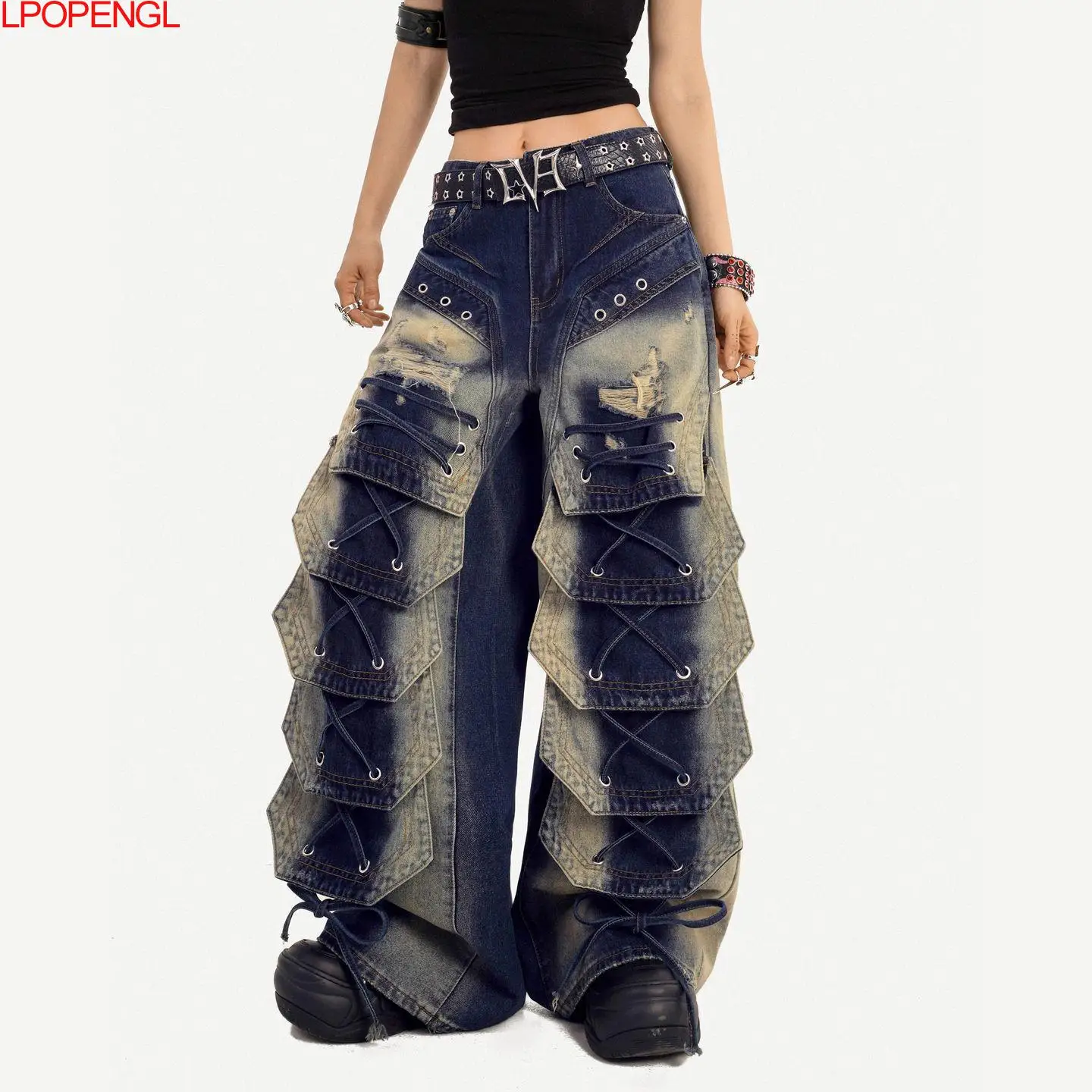 Fashionable Retro Embroidered Personalized Irregular High Waisted Jeans 2026 New Women Loose Oversized Streetwear Wide Leg Pants