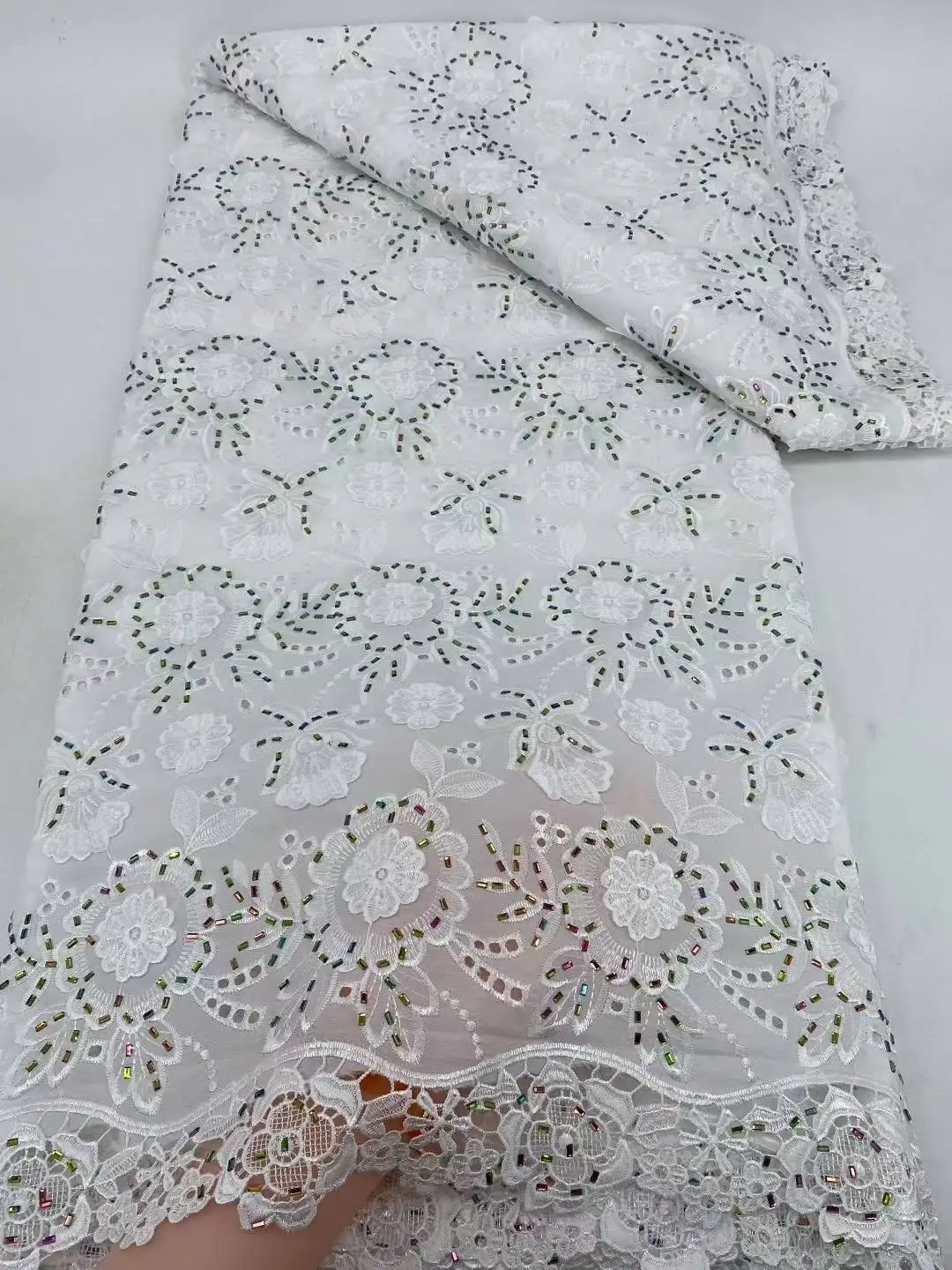 

2025 Luxury High Quality Dubai Stones Mesh Material White Bridal African Nigeria Chiffon Lace Fabric For Wedding Party Dress