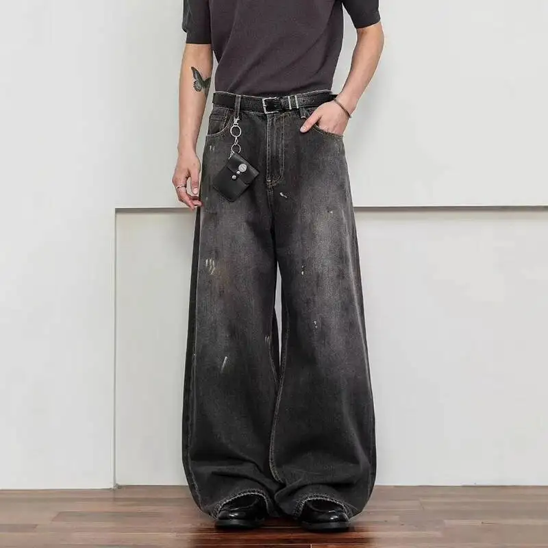 American Style Baggy Men Jeans New Ink Splash Graffiti Design Unisex Denim Pants High Street Loose Straight Trendy 9W4I7Q