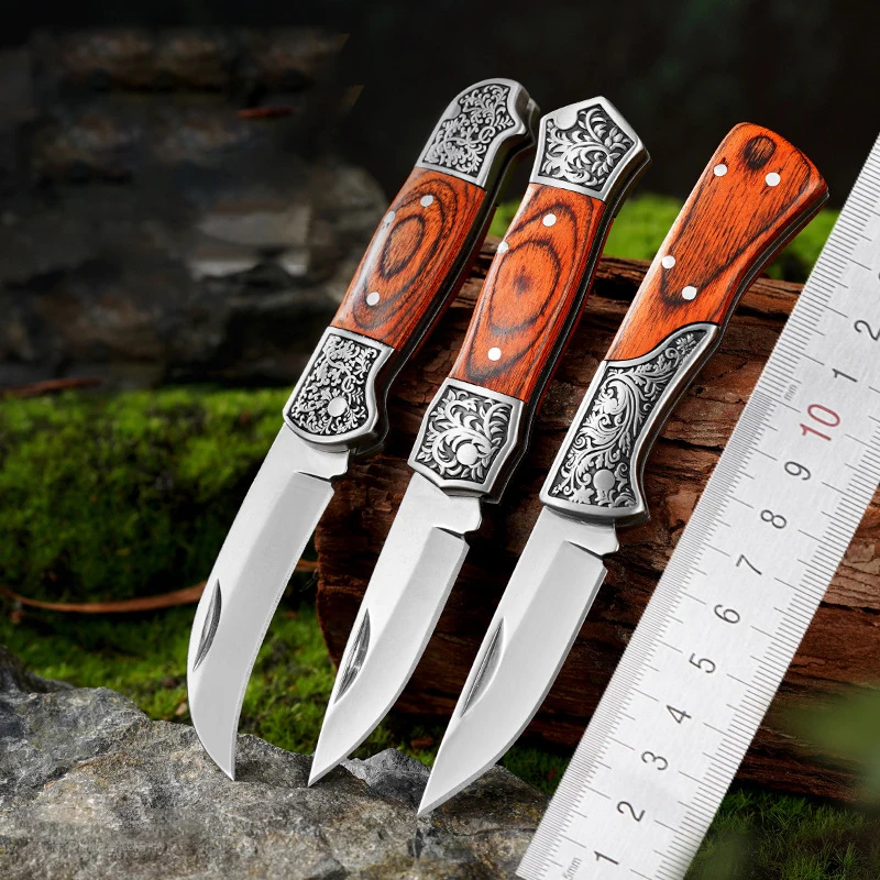 

Folding knife, outdoor-specific colorful wooden handle fruit knife Tibetan-style printed stainless steel knife keychain porttabl