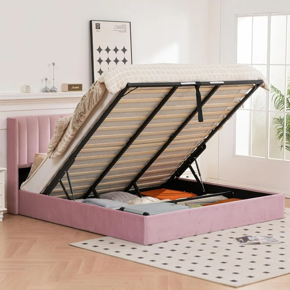 

Гидравлическая кровать размера YUHUASHI Queen Size, каркас кровати с мягкой платформой, современный дизайн изголовья спинки, бархатная ткань с