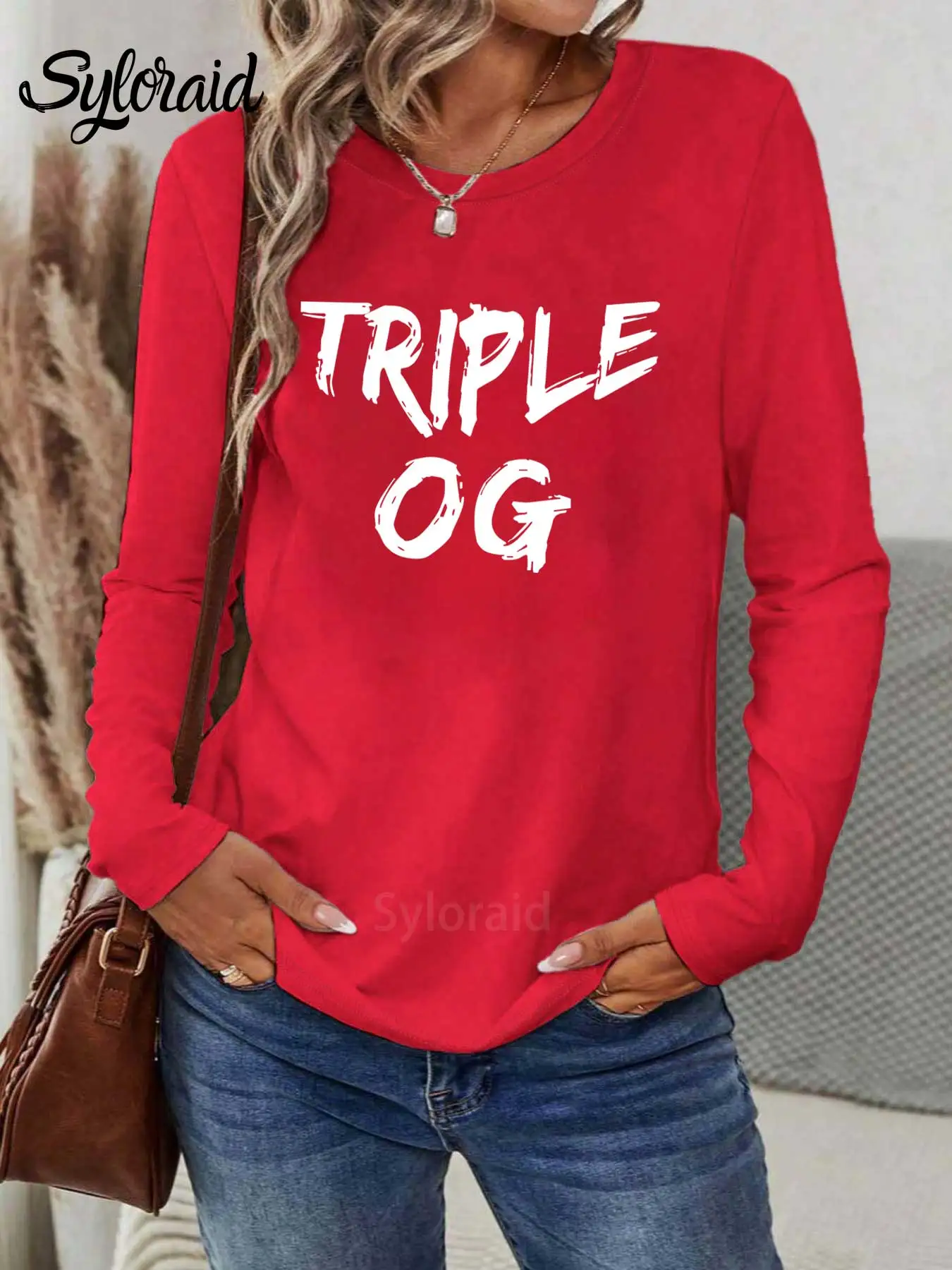 تي شيرت نسائي بأكمام طويلة تي شيرت ثلاثي OG جرافيك تي شيرت عصري برقبة دائرية كاجوال #3