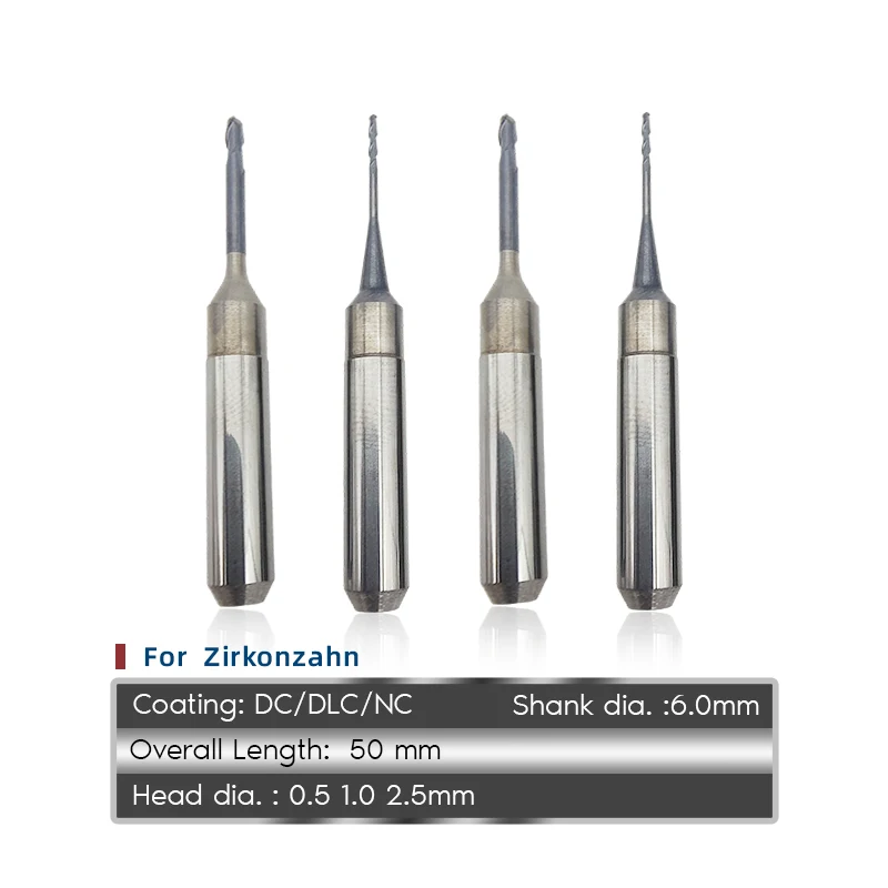 Zirkonzahn 1.0mm 2.0mm Bur CVD Diamond Coating Milling Tools For Zirconia PMMA Resin Casting Wax