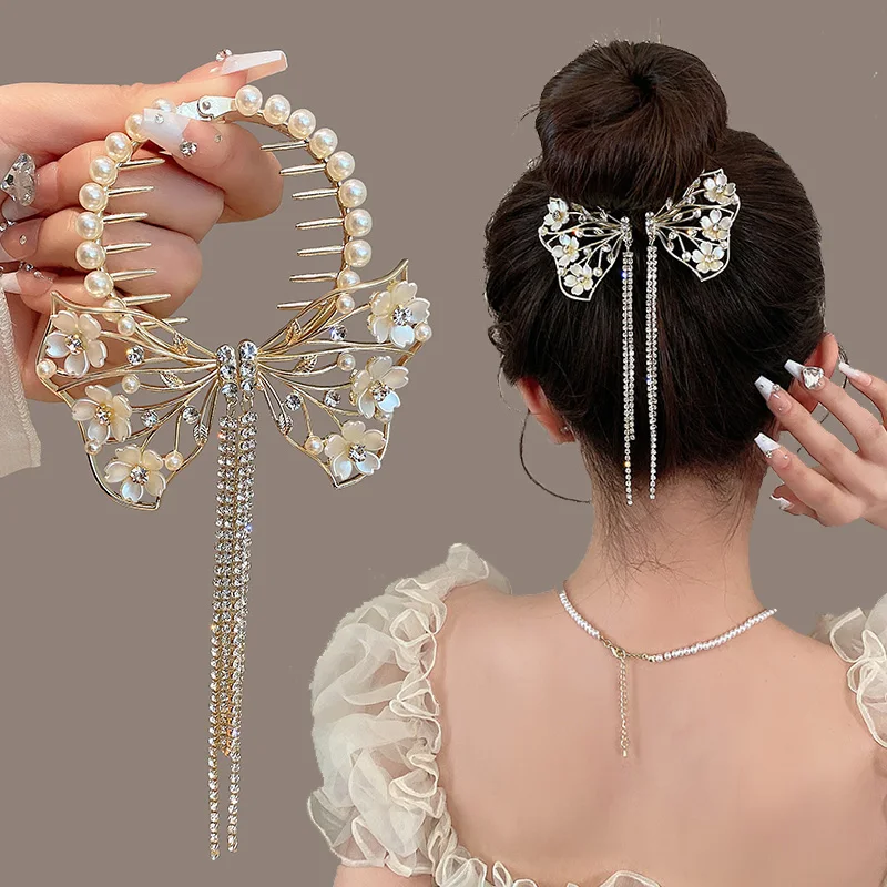 

2023 Trendy Design Pearl Rhinestone Bow Hair Bun Clip Flower Tassel Hair Buckle for Women Ponytail Holder Sweet Hair Accessories