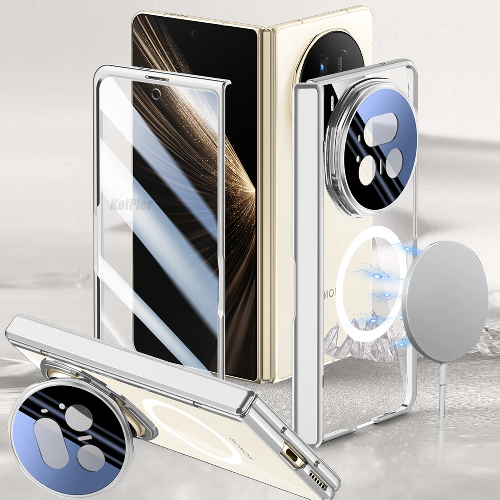 

Роскошный прозрачный чехол с покрытием для Honor Magic V5 5G 2025, держатель кронштейна для объектива из магнитного сплава, прозрачная жесткая задняя крышка, корпус