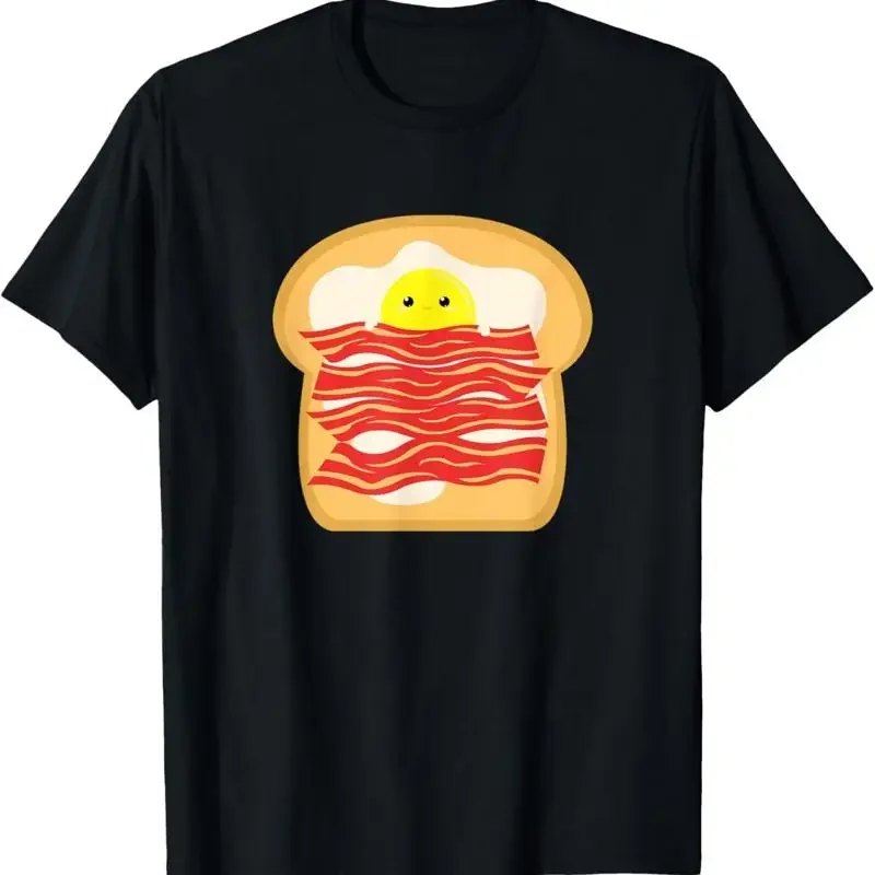 Camiseta divertida con diseño de huevo en una tostada de tocino, comida, desayuno