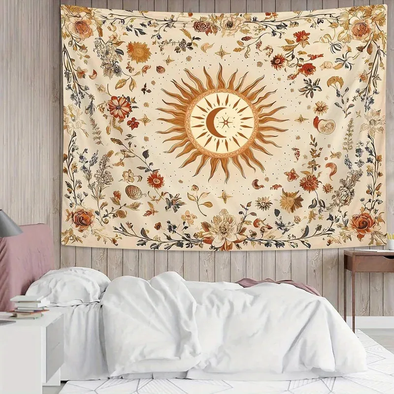 VIKAMA Vintage Sonnen- und Mond-Wandteppich, Bohemian Wohndekor, Perfekt für Heimbüros, Ruhige Schlafzimmer und Gemütliche Wohnzimmer
