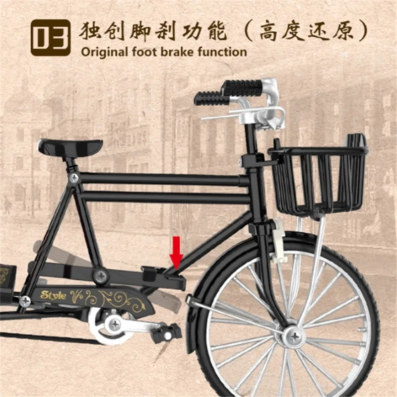 Mini Retro Alloy Three wheeled Bicycle 1:10 Diecast Model Metal Bike With Storage Box Home Accessories and Ornaments Gifts Toys