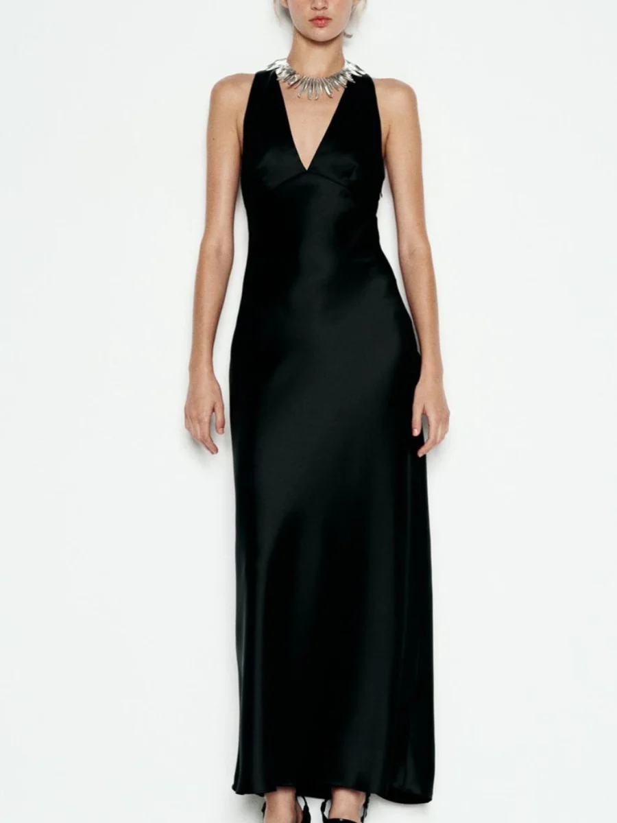 Nuevo Vestido Largo de Satén de Seda para Mujer, Estilo Veraniego, sin Espalda, sin Tirantes, sin Mangas, E, para el T...