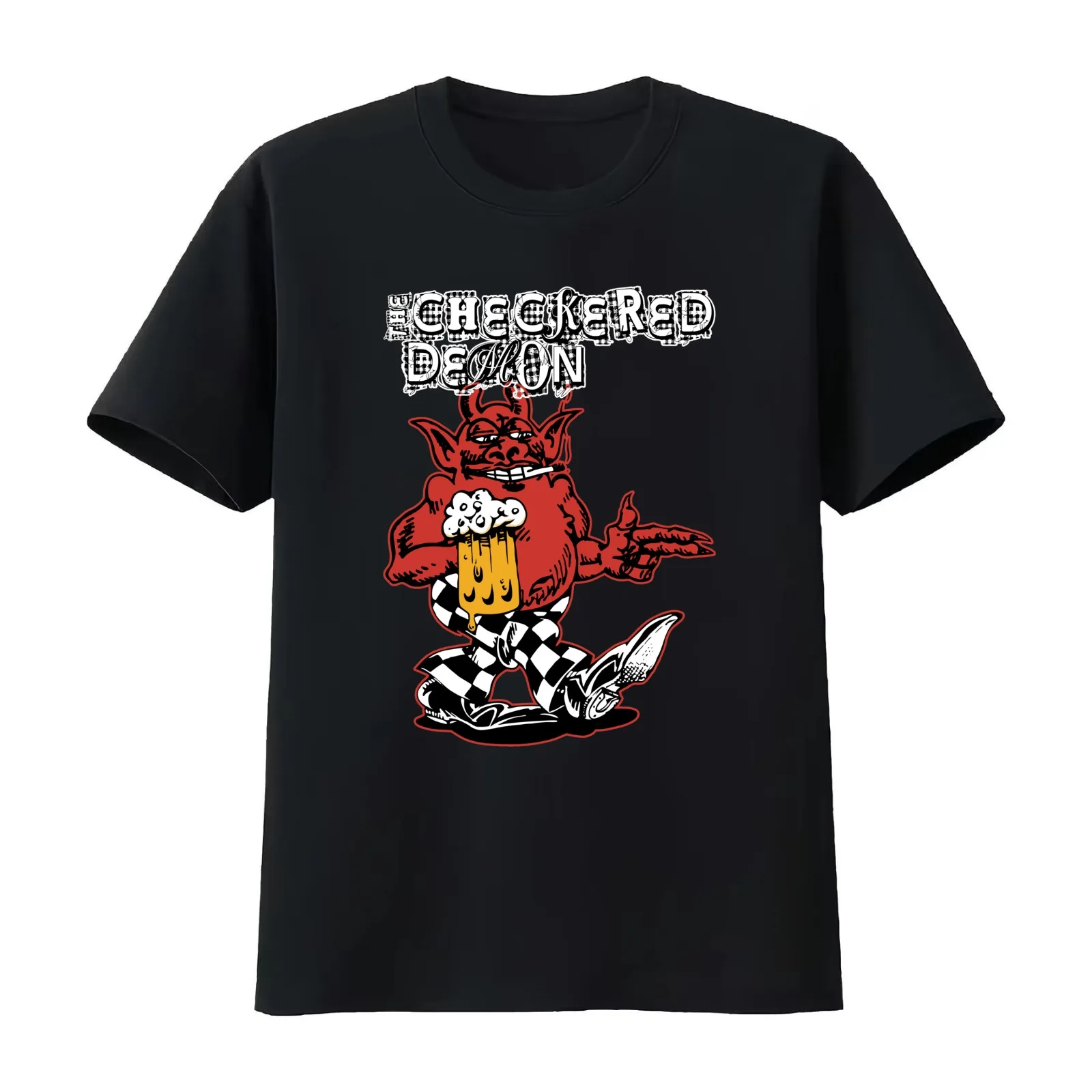 Checkered Demon T-Shirt Summer Casual Cotton Tee Oversized Streetwear Tops Vintage Graphic Print Loose Fit Short Sleeve