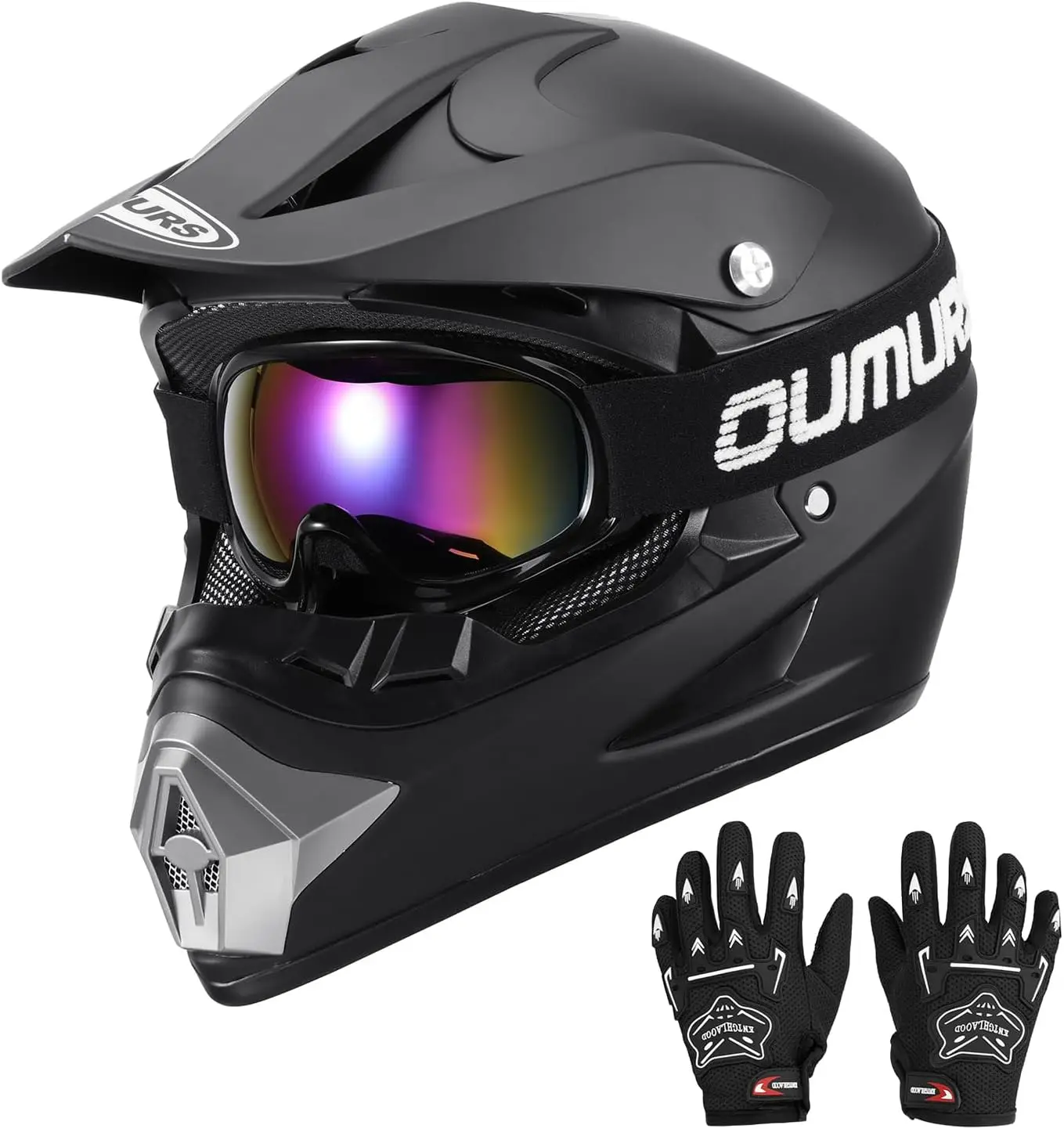 

Youth Dirt Bike Helmet with Goggles Gloves for Kids 5-14 ATV Motocross BMX MX Snowmobile Go Kart Racing Black