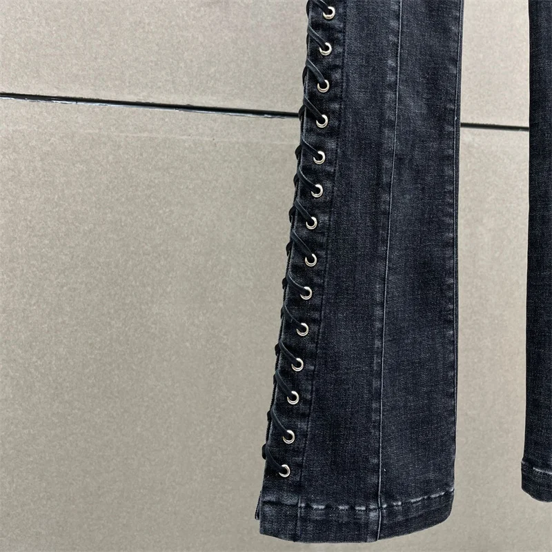 여성용 청바지 2025 겨울 신상 레이스업 슬림핏 플레어 팬츠 로우 웨이스트 여성 바지 순면 롱 팬츠 y2k 데님 팬츠
