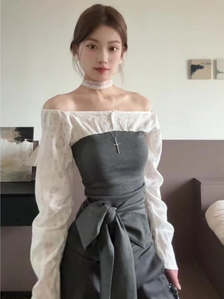 

Fake Two Piece Lace Patchwork Off Shoulder T-shirts Y2k Sexy Slim Fit Top for Women 2025 Summer New Long Sleeve Tee Shirt