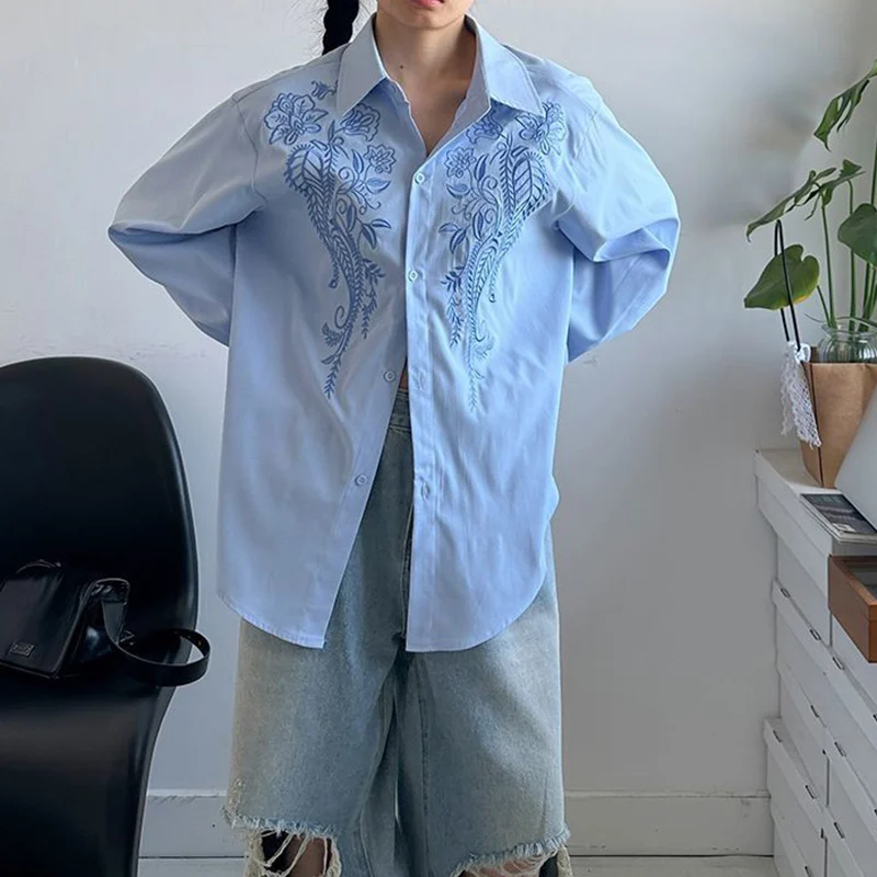 

Женская повседневная корейская рубашка на пуговицах, однотонная женская рубашка с отложным воротником и длинными рукавами, осенний тренд, кардиган с вышивкой, блузка