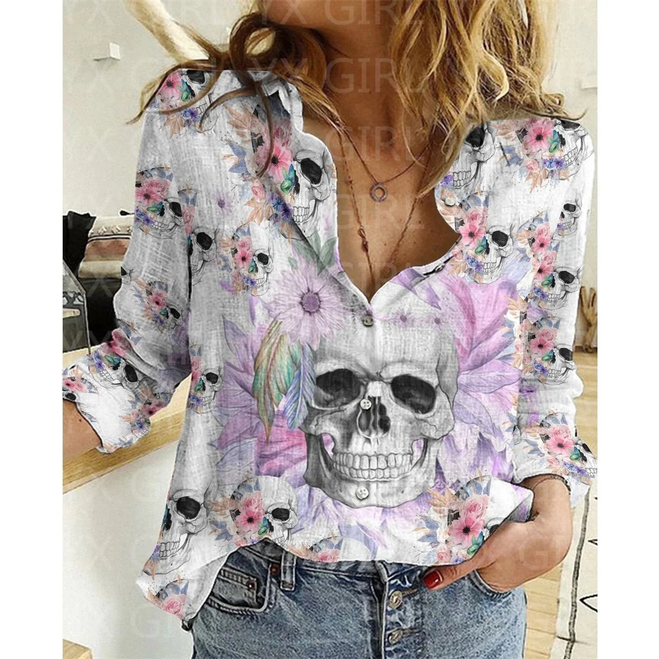 Women\'s Skull Flower Printed Casual Shirt 3D Printed Button-down Shirt Casual Unique Streewear Halloween Gift