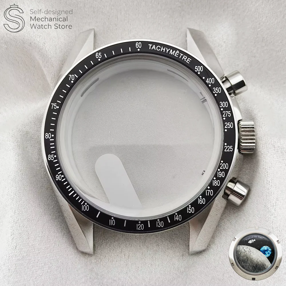 VK63 Cases 39.7MM Moon Watch Case Moon Pattern Back 316L Stainless Steel Metal Case Fit For Speed Master VK63 Cases Parts or VK6