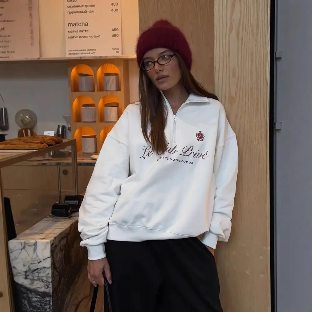 Damskie bluzy w stylu vintage francuskich marek, z zamkiem błyskawicznym, kołnierzykiem, biało-szare, z nadrukiem liter, duże rozmiary, oversize, codzienne topy.