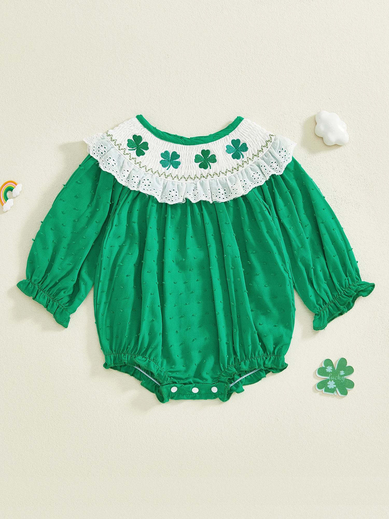 

Adorable Toddler St Patrick s Day Green Clover Print Ruffle Sleeve Romper Cute Irish Shamrock Embroidered Jumpsuit