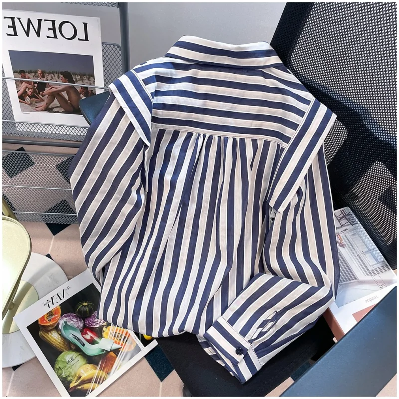 Camisa a rayas azules de primavera para mujer, blusa elegante con diseño bordado, manga larga, Tops informales, camisas Vintage con botones para