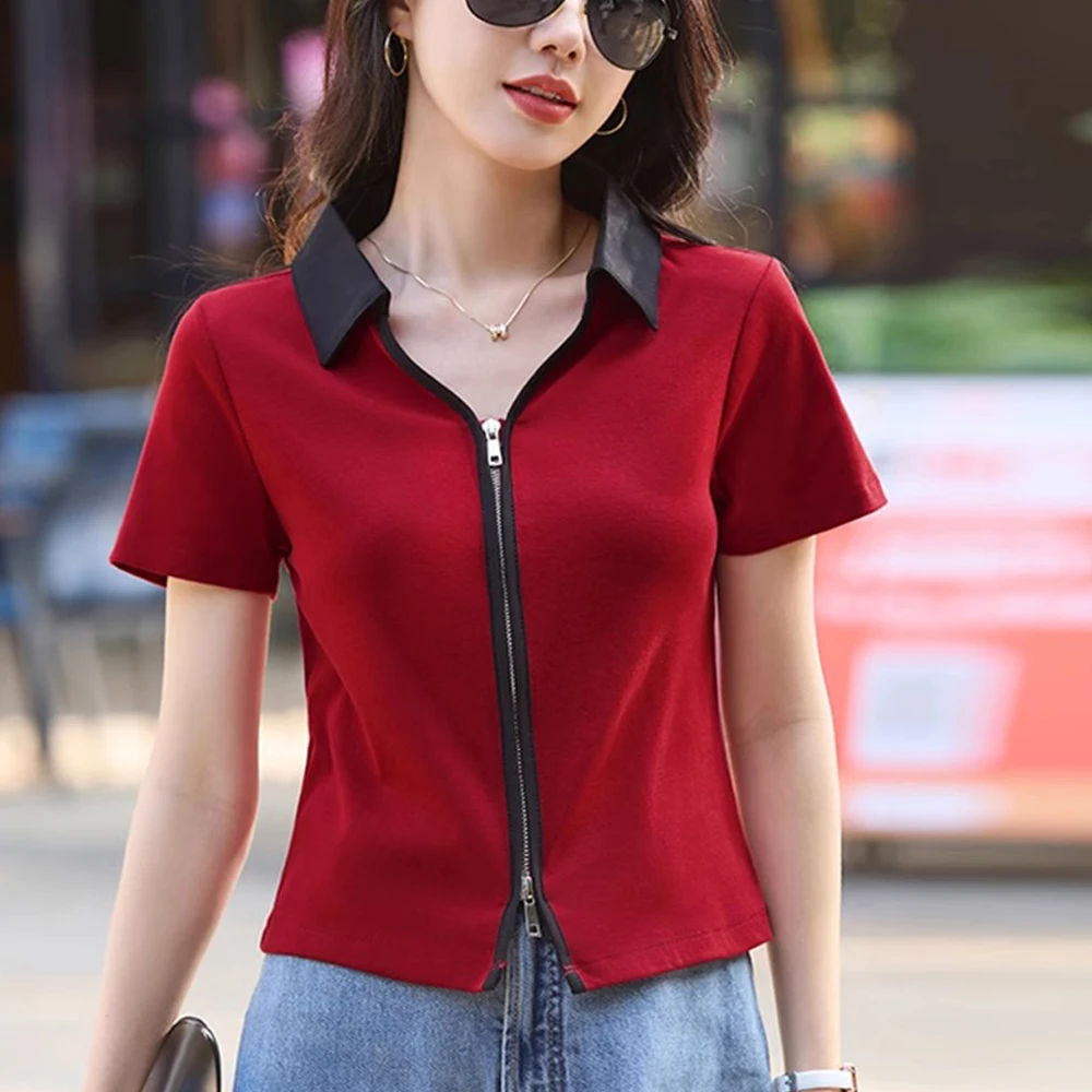 European Station Short sleeved T-shirt Women\'s Summer New Fashion Light Luxury High end Polo Neck Double Zipper Slim Short Top