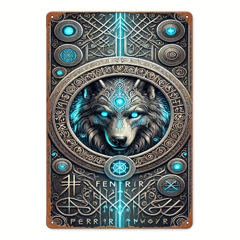 Fenrir Nordic Mythical Wolf - Vintage Metal Tin Art, Intricate Blue & Golden Design, Easy to Install, es, for Home, Office, Bar