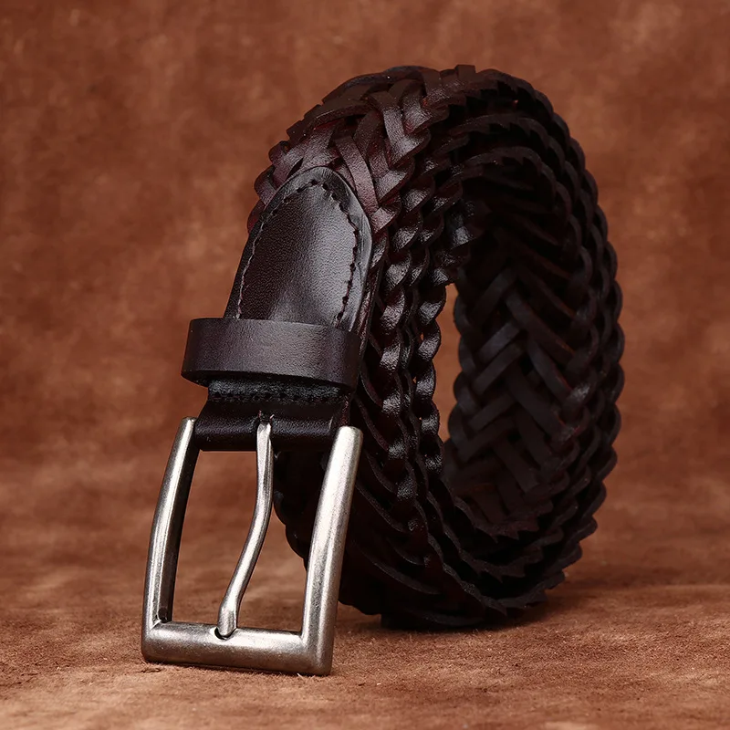 3cm Handmade Woven Belt for Women Genuine Leather Pin Buckle Top Layer Cowhide Braided Waist Belt for Men Cinturones Hombre
