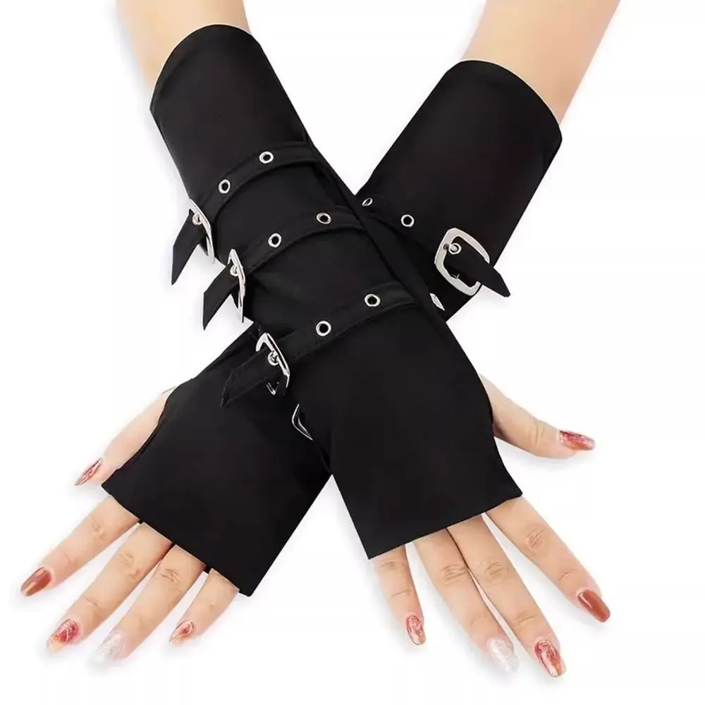 Black Fingerless Gloves Gothic Buckle Design Punk Style Elbow Gloves Exaggerated Hip Hop Party Street Dance Gloves Unisex