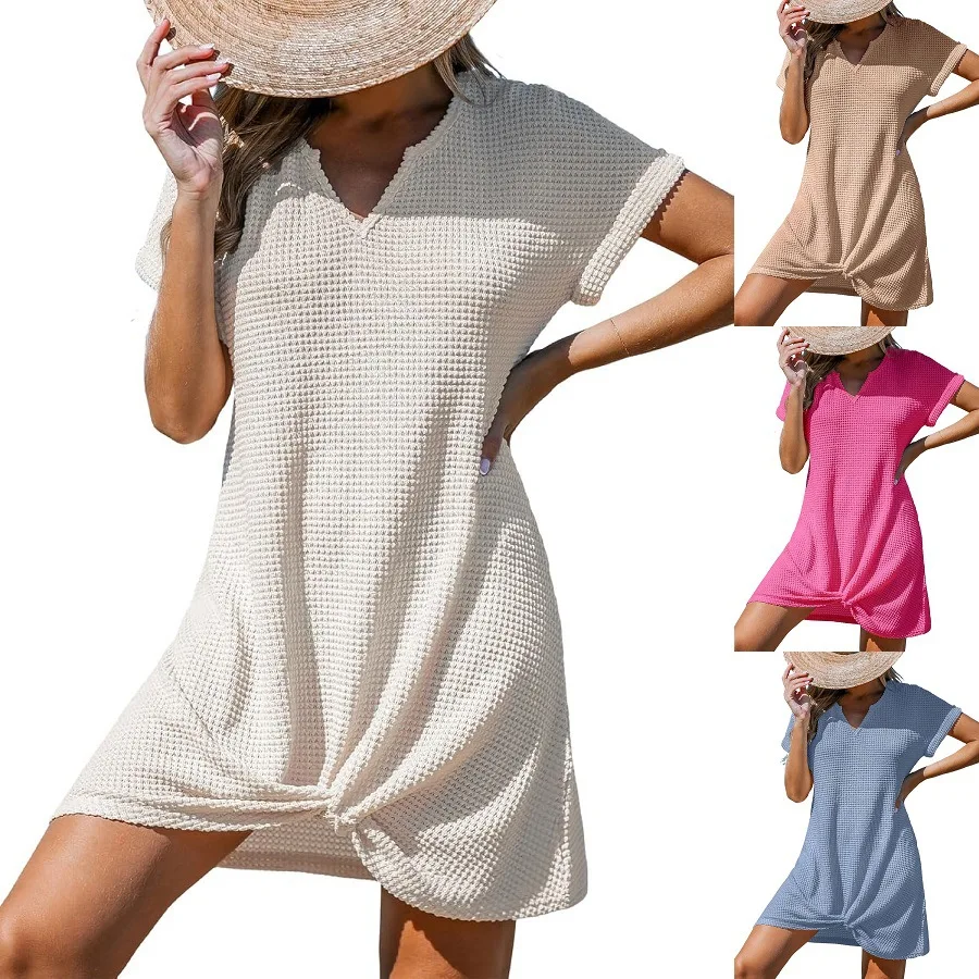 

2026 Women's Clothing Spring/summer New Beach Sun Protection Dress Casual V Neck Twist Knot Cover Up Dress