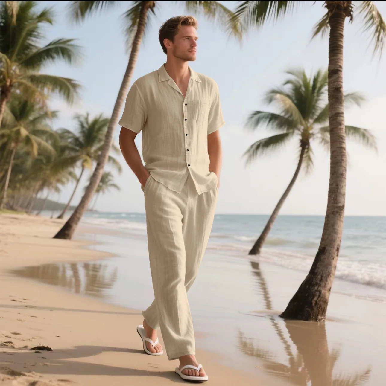 Conjunto de Pantalones Largos y Camisa de Manga Corta para Hombre, Verano, Lino, Casual, Cómodo, Holgado, Transpirable, Lujoso, Minimalista, Playa