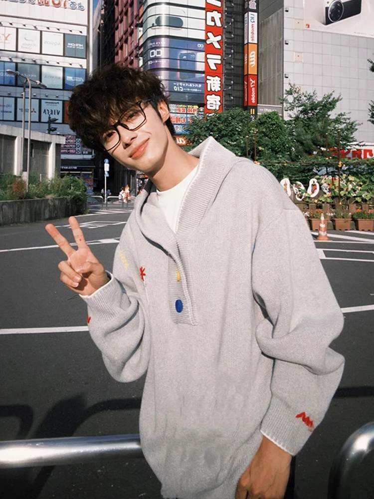 American Retro Hoodie Men's Autumn Casual Loose Comfortable Knitted Sweater Lazy Sle Outerwear Button Closure Long Sve