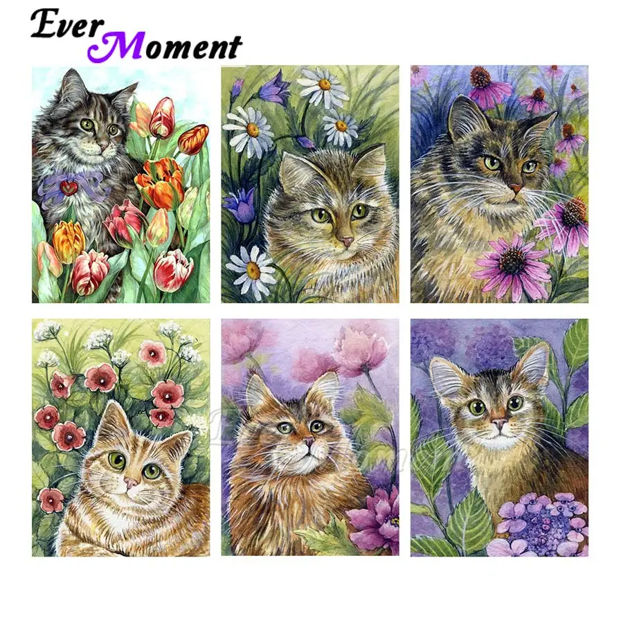 

Ever Moment Diamond Painting Animal Cat With Floral DIY Full Square Resin Drill Decoration Embroidery Mosaic Handmade S2F2704