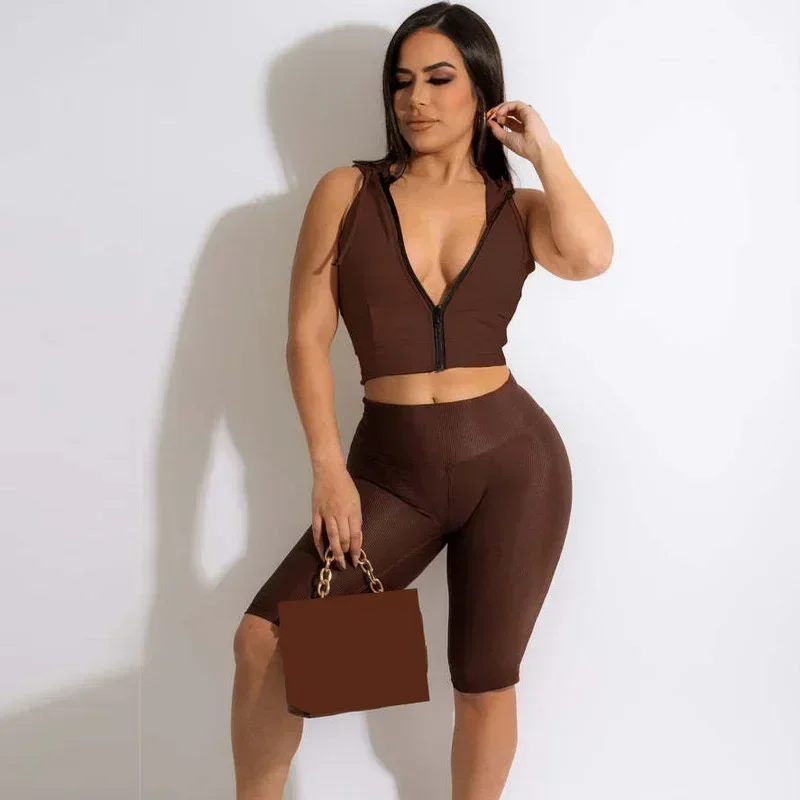 

GUWU Sport Women's Set Zipper Hooded Tops and Knee Length Leggings Shorts Set Summer Tracksuit Two Piece Set Fitness Outfits