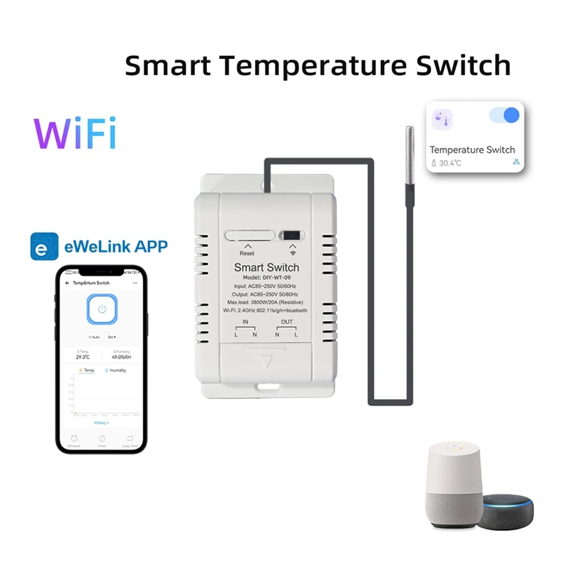 Interruptor de temperatura wi-fi com sensor ewelink inteligente wifi 20a termostato interruptor de temperatura suporta controle de voz