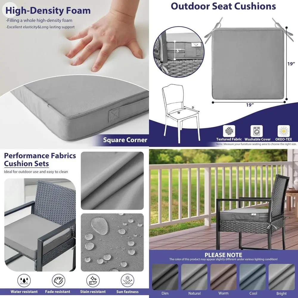 

Set of 4 Waterproof Patio Chair Cushions with Handle & Ties, Square Outdoor Seat Pads, 19 x 19 x 3, Grey