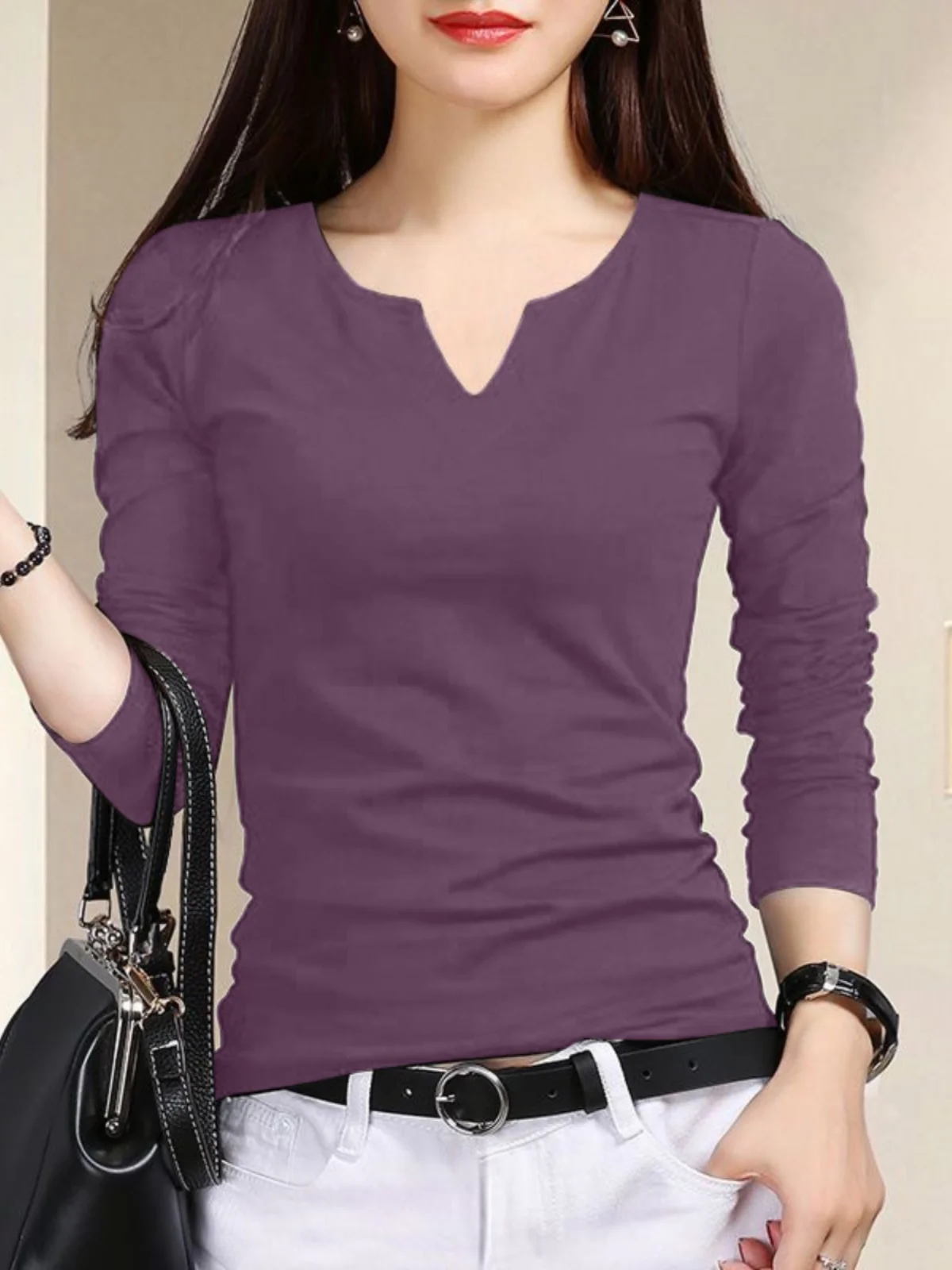 Feminino V-Ne Long Sve Base irt Modal Elástico Slim Fit Design Faionable Top Outono Inverno Novo Sle Commute Sle Pur...